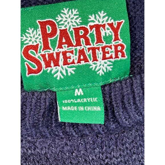 Christmas Party Sweater Mens Blue Med Deer with Beer Sunglasses Long Sleeve - Picture 5 of 7